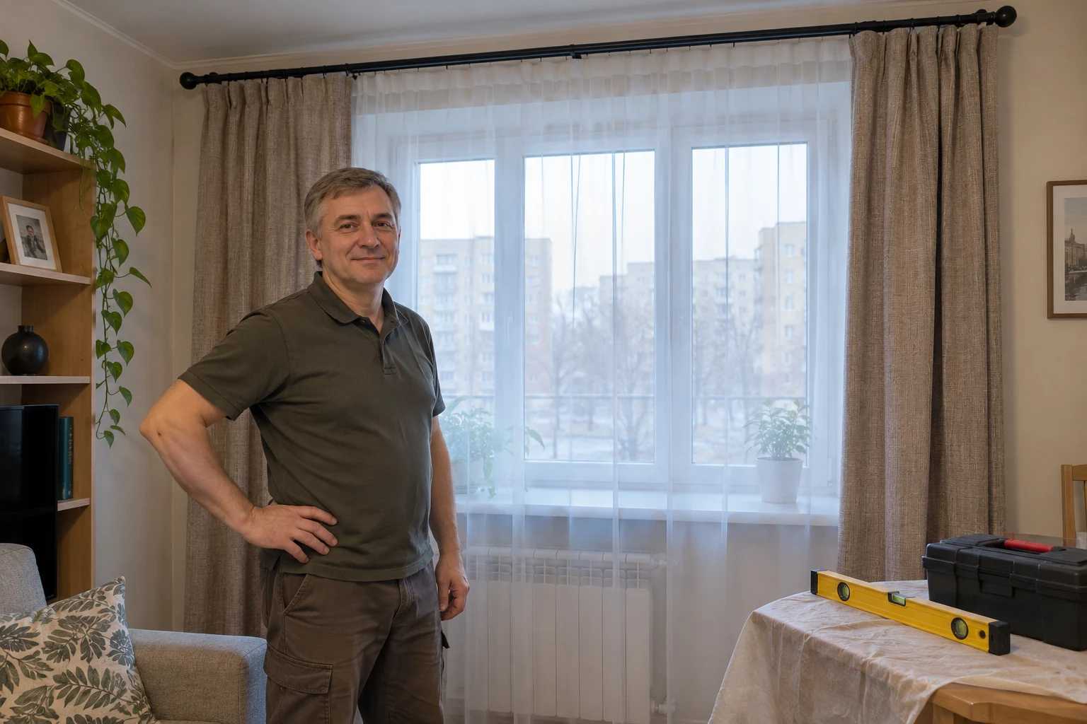 Мастер с инструментами рядом с установленным карнизом для штор