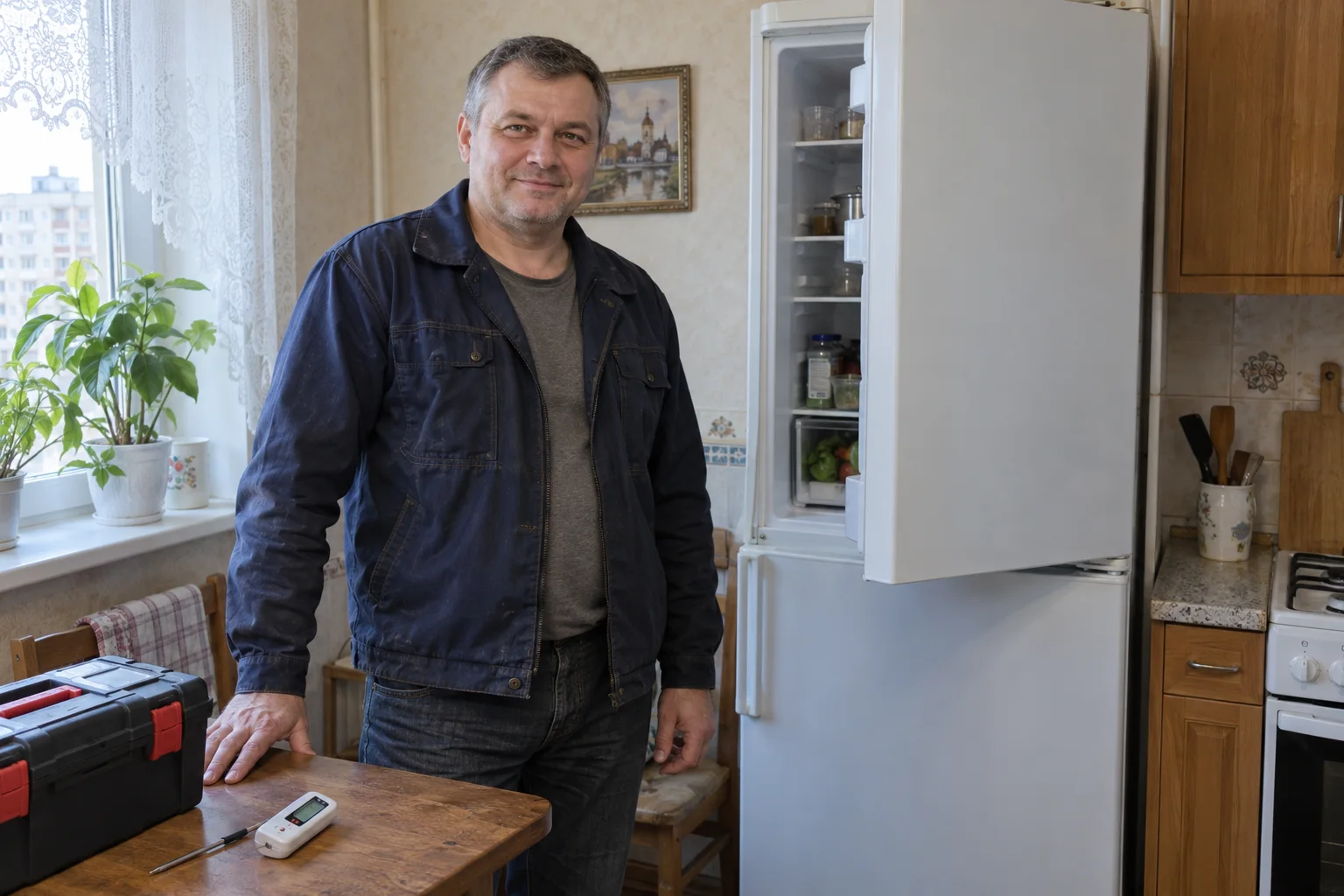 Мастер осматривает бытовой холодильник