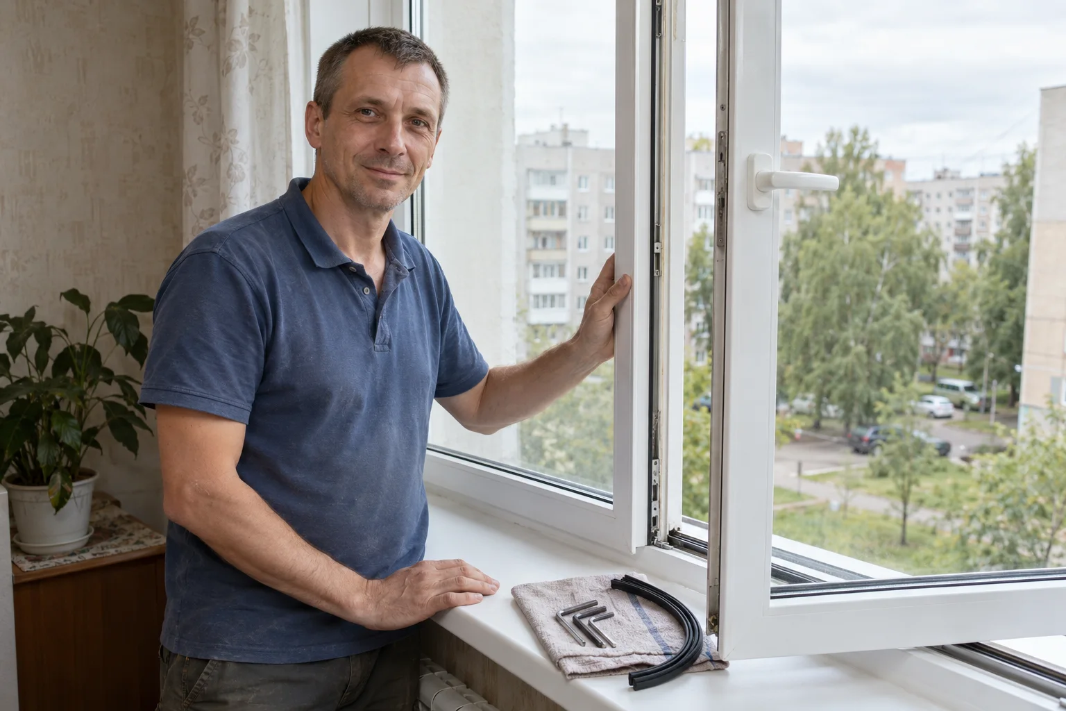 Мастер проверяет фурнитуру пластикового окна